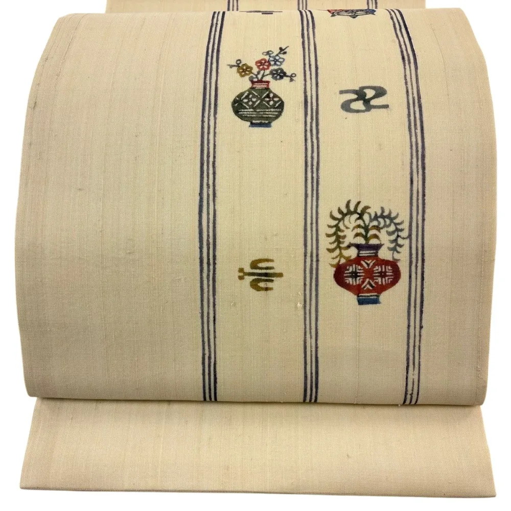 【美品】 開き名古屋帯 名品 夏帯 糸巻き 花器 ベージュ 正絹 【中古】