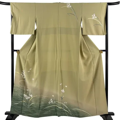 訪問着 身丈160cm 裄丈65.5cm M 袷 草花 蝶 染め分け ぼかし よもぎ色 正絹 秀品 【中古】
