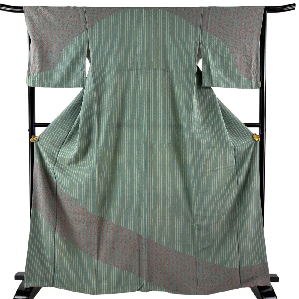 訪問着 身丈165cm 裄丈66cm M 袷 縞 梅 緑 正絹 秀品 【中古】