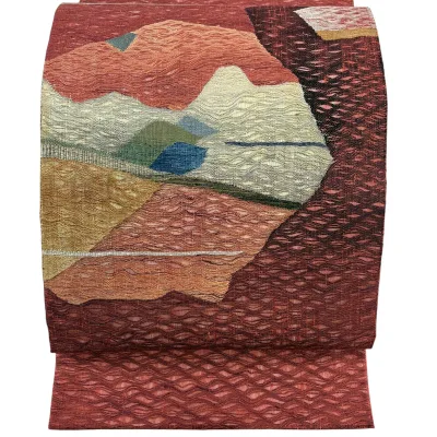 【美品】 袋帯 秀品 幾何学 茜色 お太鼓柄 正絹 【中古】