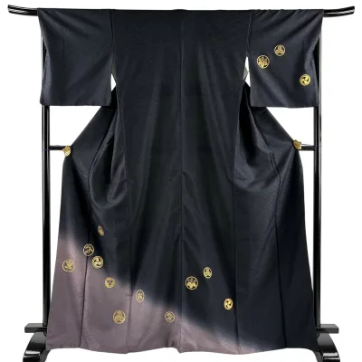 付下げ 身丈166cm 裄丈68cm L 袷 桐 地紋 金糸 金彩 濃紺 正絹 秀品 【中古】