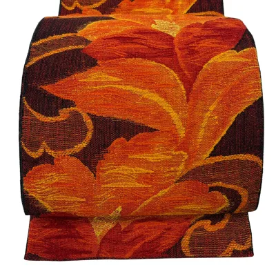 名古屋帯 優品 八寸名古屋帯 草花 オレンジ 正絹 【中古】