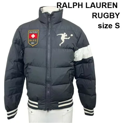 【中古】ラルフローレンラグビー RALPH LAUREN RUGBY ダウンジャケット ラグビー 刺繍 黒 白 赤 S メンズ S5X028