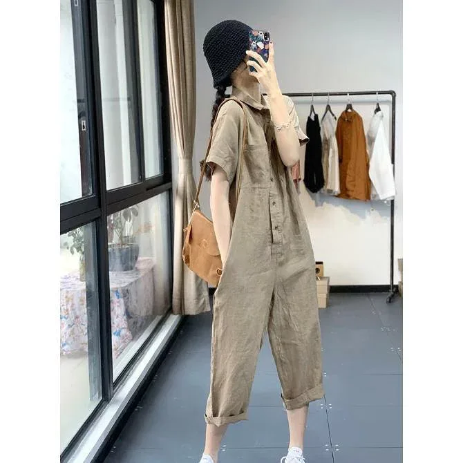 オールインワン 半袖 つなぎ ワイドパンツ レディース 春夏 サロペット パンツ 7分丈 ゆったり 襟付き カジュアル ワーク風 ジャンプスーツ
