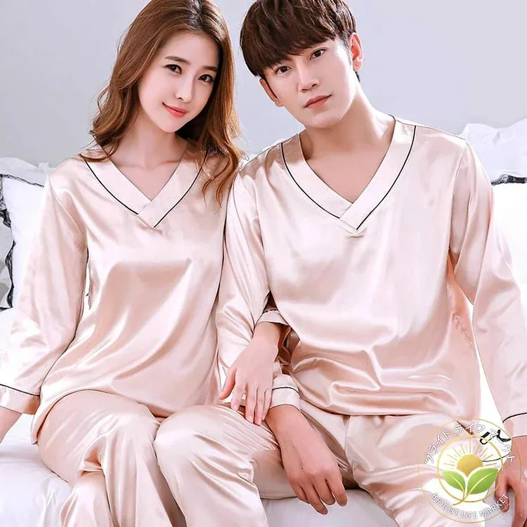 ペアパジャマ カップル ペア ルームウェア 上下 セット 結婚祝い ペア パジャマ 春 夏 レディース メンズ シルク サテン パジャマ パジャマ 無地 お揃い プレゼント 可愛い 大きいサイズ 3l 寝間着 寝巻き