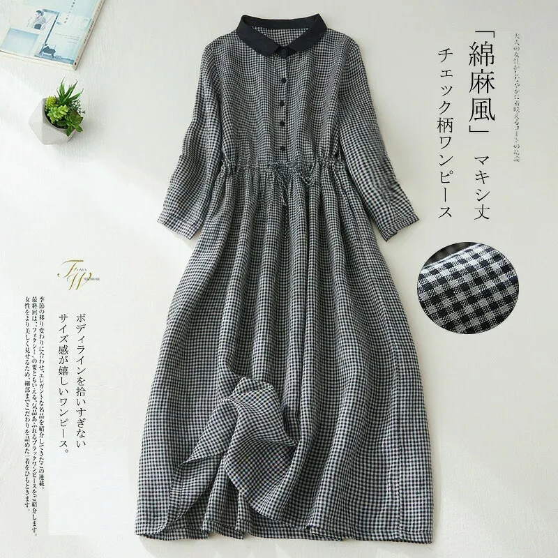 ワンピース ロングワンピース 長袖 チェック柄 秋 シャツワンピース マキシ丈 体型カバー 大きいサイズ ロングワンピ ゆったり ウエ 切り替え リネンワンピース