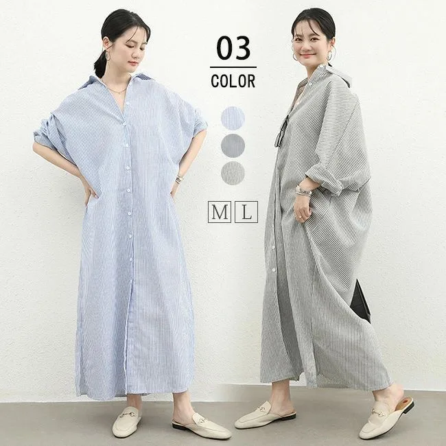 シャツワンピース ロングワンピース ロングシャツ 綿麻風ワンピース ストライプ 綿麻混シャツ リネンワンピー リネンシャツ ロングカー