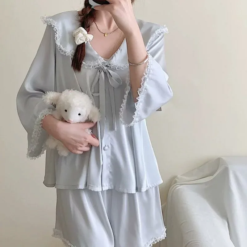 パジャマ レディース ルームウェア 上下セット 接触冷感 花柄 レース 半袖 ショートパンツ ポリエステル 薄手 涼しい 快適 春夏 ブルー ピンク系