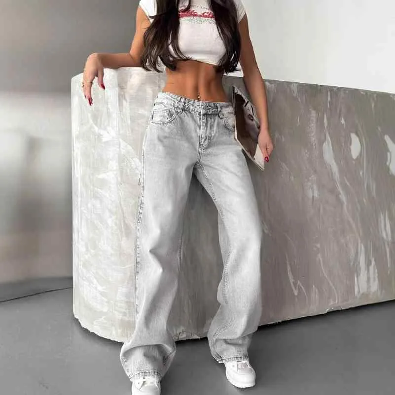 ジーンズ レディース 美脚 ローライズ ウォッシュ加工 ストレート ワイドレッグ デニム パンツ ジーパン ズボン ボトムス グレー アメカジ カジュアル ストリート