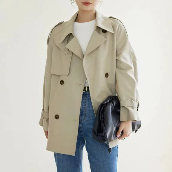 コート レディース 春秋 ショート丈 韓国 OL ゆったり ベルト付き アウター ミディアムグレー カーキ