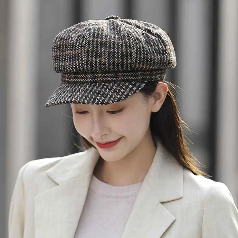 ベレー帽 レディース 秋冬 帽子 千鳥格子 ウール混紡 保温 防風 八角帽 韓国風 かわいい 米色 黒色2