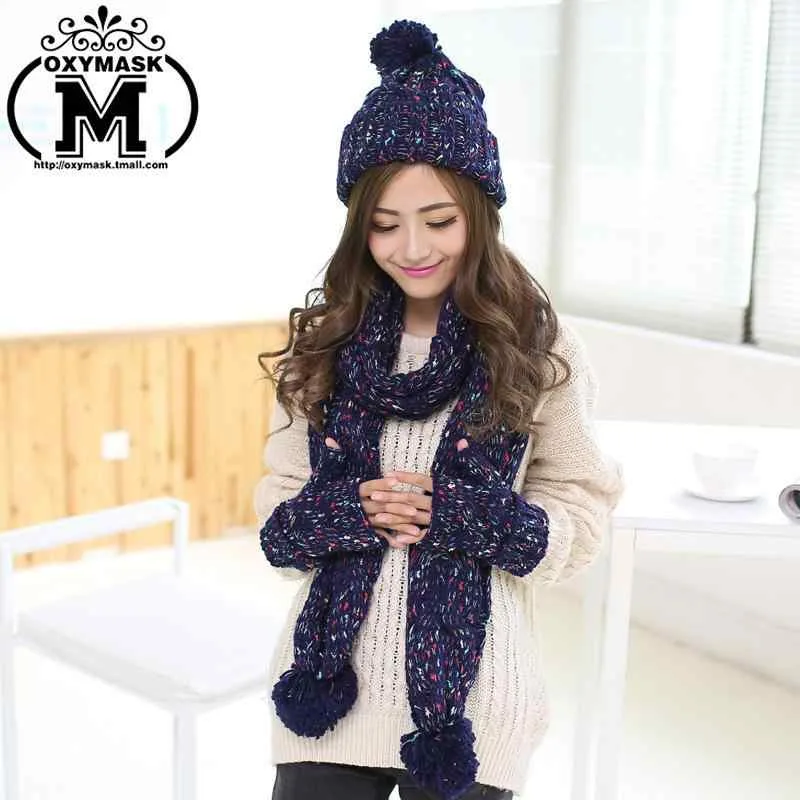 Women's Knit Hat Autumn/Winter Bag Set Cute Knit Cap Beanie Gloves Muffler 3 Piece Set Black Beige Navy Red Warm Cold Protection 2