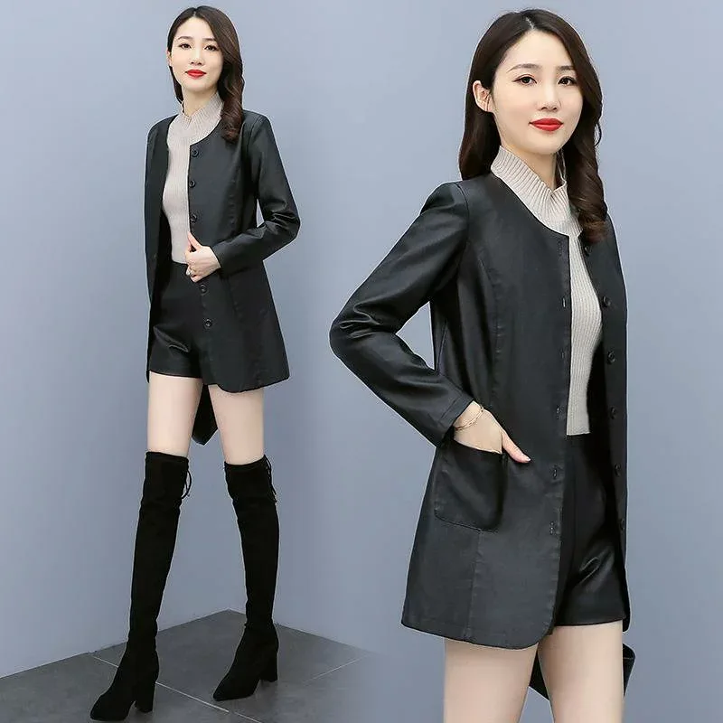 ジャケット レディース 大きいサイズ ゆったり PUレザー 春秋 ミドル丈 長袖 ブルゾン アウター 婦人服 ラウンドネック カジュアル 香芋紫 ブルー ブラック 紺色