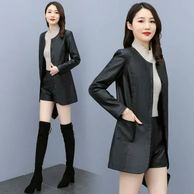 ジャケット レディース 大きいサイズ ゆったり PUレザー 春秋 ミドル丈 長袖 ブルゾン アウター 婦人服 ラウンドネック カジュアル 香芋紫 ブルー ブラック 紺色
