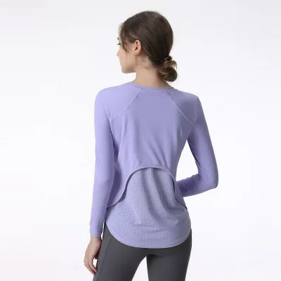 ヨガウェア レディース トップス 長袖 Tシャツ ラウンドネック 接触冷感 吸湿速乾 伸縮性 スポーツ トレーニング ランニング 普段使い ルームウェア 春秋 黒 白 グリーン パープル2