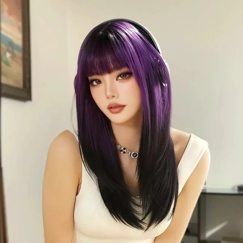 ウィッグ レディース Gradationカラー 前髪あり ミディアム ロング カール ヘアスタイル 小顔効果 イメチェン パープル系