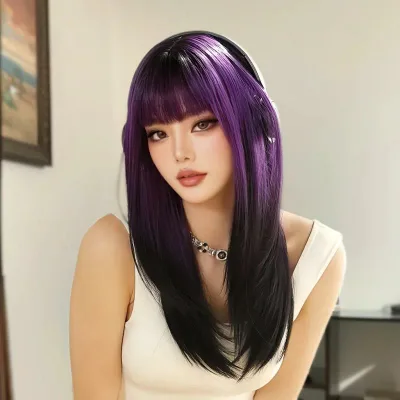 ウィッグ レディース Gradationカラー 前髪あり ミディアム ロング カール ヘアスタイル 小顔効果 イメチェン パープル系
