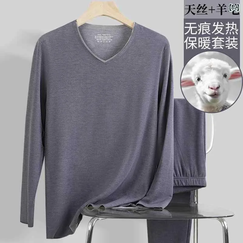 メンズ インナーウェア 上下セット Vネック 長袖Tシャツ 長ズボン 肌着 保温 暖かい 防寒 無縫製 モーダル レーヨン混紡2