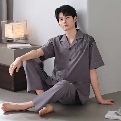 パジャマ メンズ 男性用 春夏 半袖 綿 薄手 接触冷感 通気性 開襟 シャツパジャマ 寝巻き 部屋着 ルームウェア 上下セット シンプル リラックス ゆったり おしゃれ