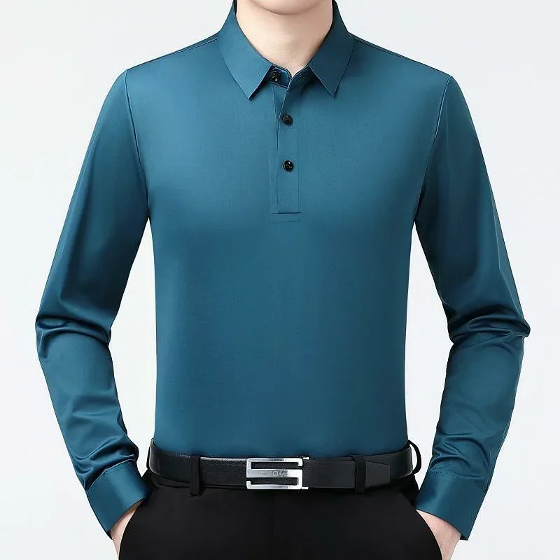 Tシャツ 男性用 桑蚕丝 長袖 ポロシャツ 襟付き 薄手 ビジネス カジュアル トップス カットソー 紫 красный 青 黒 グレー 緑 通気