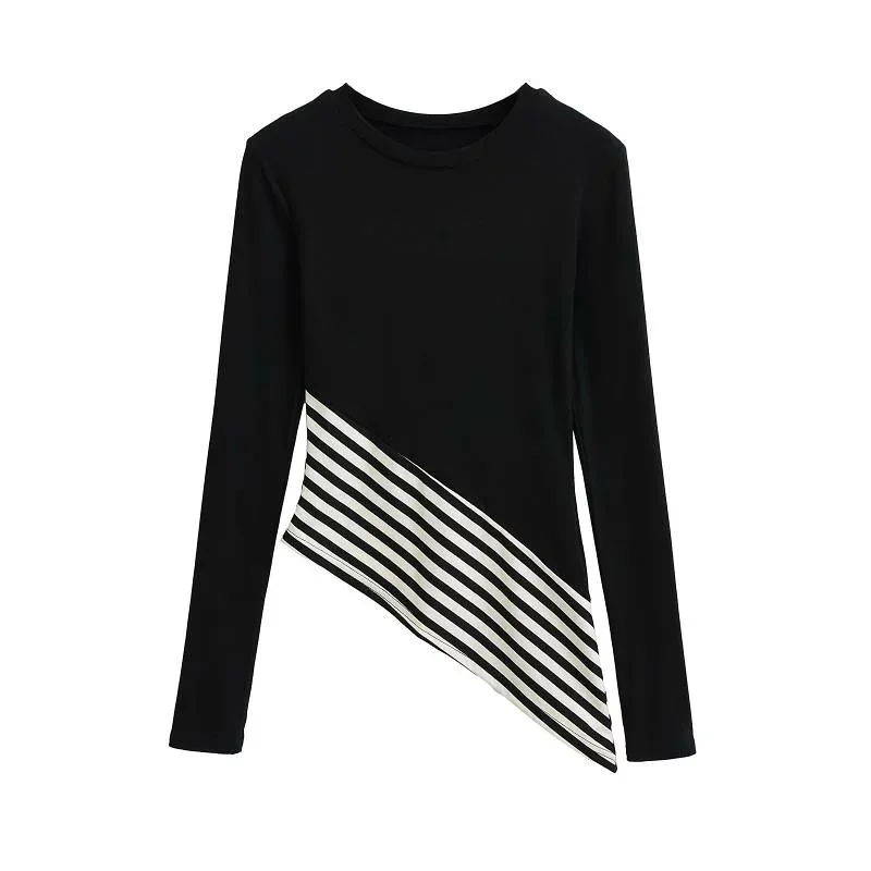 Tシャツ レディース 春秋 長袖 ストライプ 切り替え スリムフィット ラウンドネック トップス カジュアル 普段使い セクシー 黒 白 グレー コーヒー色