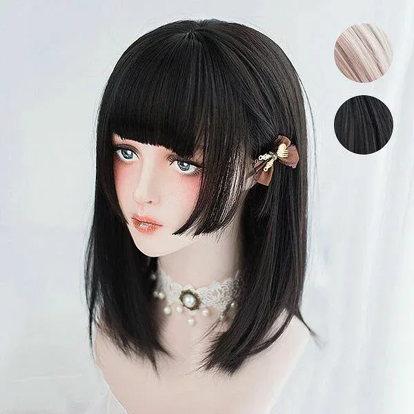 姫カット ウィッグ フルウィッグ ブラック オフホワイト 姫ウィッグ レディース ショート 前髪あり ナチュラル 原宿風 かつら ぱっつん