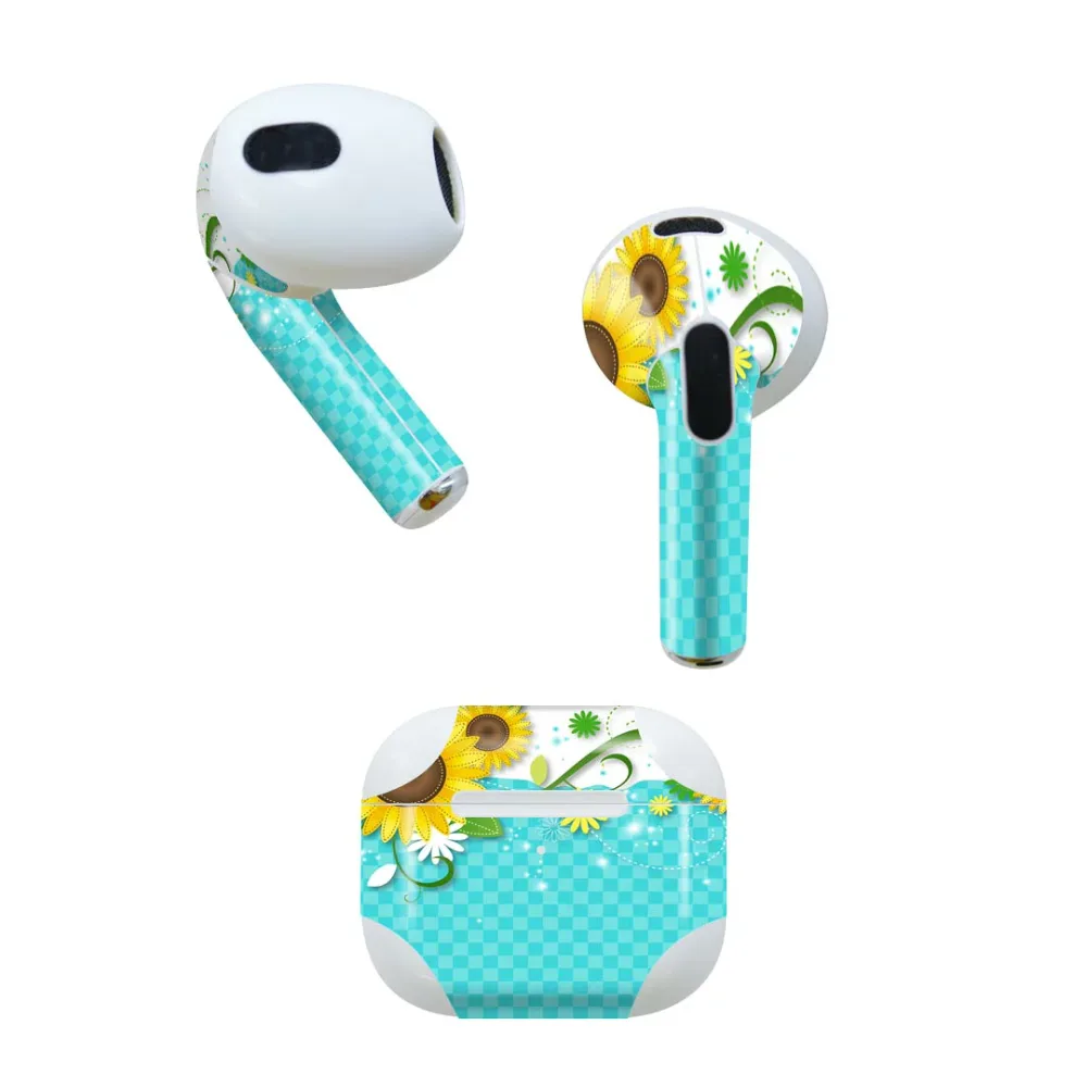 AirPods 第3世代 専用 デザインスキンシール airpods 3 用 エアポッド 3 用 第三世代(2021)対応 2枚入り 各2枚セット イヤホン カバー デコレーション アクセサリー デコシール 004657 ひまわり 花 チェック