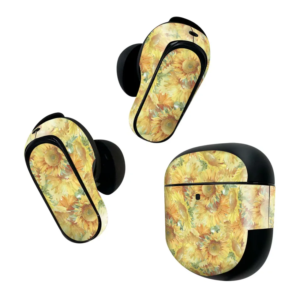 Bose QuietComfort Earbuds II 用 スキンシール ボーズ イヤバッズ2 用 ステッカー 本体3セット ケース1セット 保護 フィルム デコ ひまわり 花 黄色 011405
