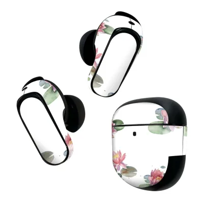 Bose QuietComfort Earbuds II 用 スキンシール ボーズ イヤバッズ2 用 ステッカー 本体3セット ケース1セット 保護 フィルム デコ 花 水蓮 014705