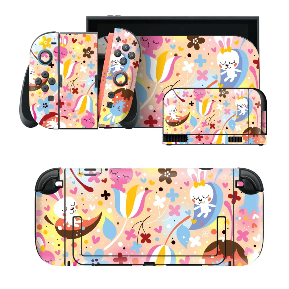 igsticker Nintendo Switch 2 用 スキンシール 本体・ドック・Joy-Con 2 対応 4面セット きせかえ 保護 うさぎ 花 006511