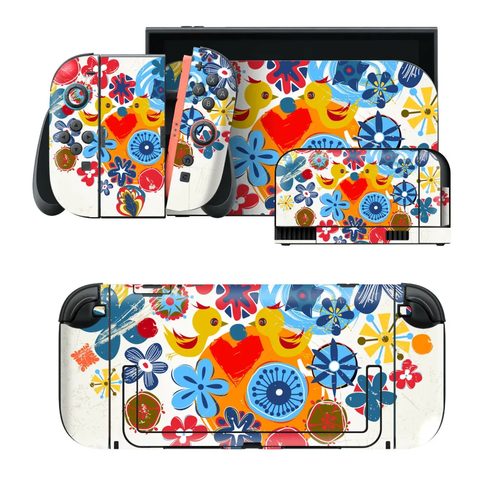 igsticker Nintendo Switch 2 用 スキンシール 本体・ドック・Joy-Con 2 対応 4面セット きせかえ 保護 花 鳥 カラフル ハート 007831