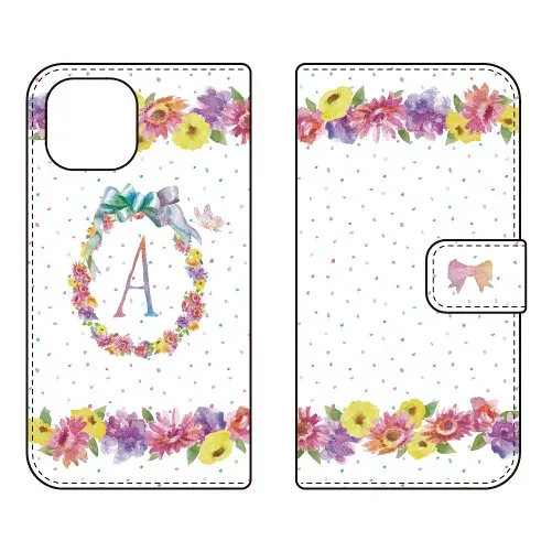 手帳型スマートフォンケース Cf LTD イニシャル パステルフラワー A iPhone 15 Coverfull ケース カバー スマホケース 送料無料 耐衝撃 プリント 保護 衝撃吸収