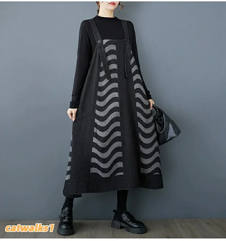 ワンピース ロング ジャンパースカート デニム ジャンスカ 秋冬 チュニック ロングワンピース プルオーバー ドレス ロング丈 袖なし サロペット レディース ノースリーブ Aライン