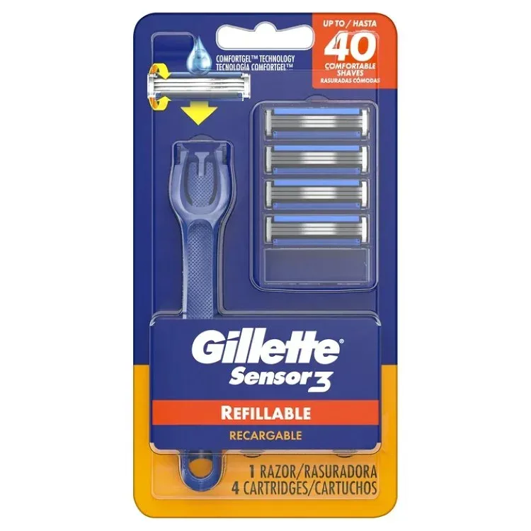 ジレット センサー3 メンズカミソリ 本体 替刃4個付 ブルー Gillette Sensor3 Refillable Razor for Men, 1 Shaving Razor Handle & 4 Blade Refills, Blue 【お取り寄せ商品】
