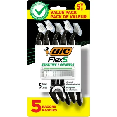 ビック フレックス5 センシティブ メンズ使い捨てカミソリ 5枚刃 5本 BIC Flex 5 Sensitive Disposable Razor, Men's, 5-Blade, 5-Count 【お取り寄せ商品】