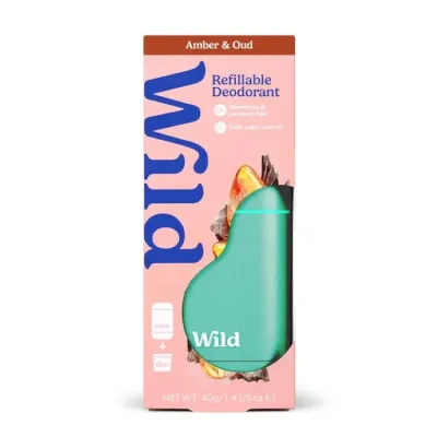 ワイルド リフィル式デオドラント スターターパック アクアケース アンバー&ウード 約40g Wild Refillable Deodorant Starter Pack for Women and Men, 1.4oz Amber & Oud 【お取り寄せ商品】