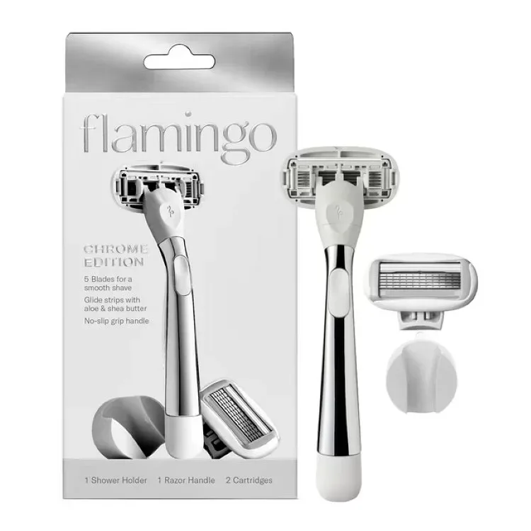 フラミンゴ レディース 5枚刃 カミソリセット クローム 本体 替刃付き Flamingo Women's Shaving Set with Razor Handle and 5-Blade Razor Cartridges, Chrome, 【お取り寄せ商品】