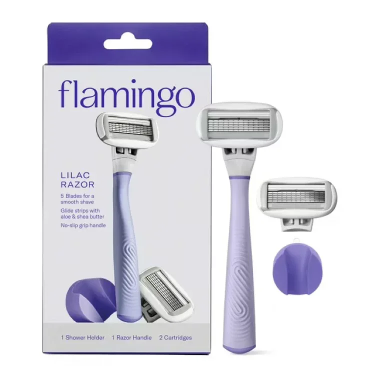 フラミンゴ レディース 5枚刃 カミソリセット ライラック 本体 替刃付き Flamingo Women's Razor Shaving Set with Razor Handle and 5-Blade Razor Cartridges, Lilac 【お取り寄せ商品】