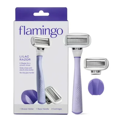 フラミンゴ レディース 5枚刃 カミソリセット ライラック 本体 替刃付き Flamingo Women's Razor Shaving Set with Razor Handle and 5-Blade Razor Cartridges, Lilac 【お取り寄せ商品】