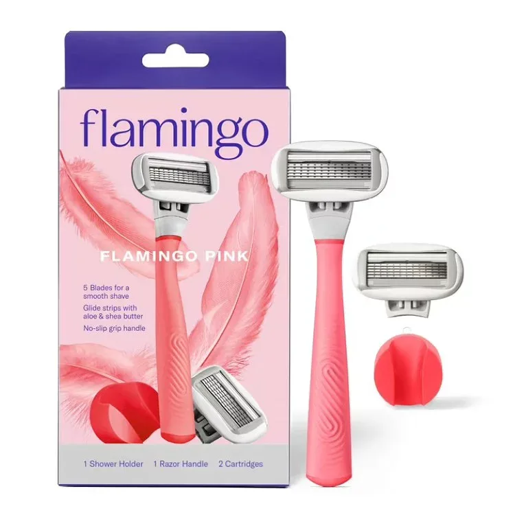 フラミンゴ レディース 5枚刃 カミソリセット ピンク 本体 替刃付き Flamingo Women's Razor Shaving Set with Razor Handle and 5-Blade Razor Cartridges, Pink 【お取り寄せ商品】