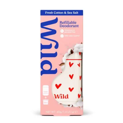 ワイルド リフィル式デオドラント スターターパック ラブハートケース フレッシュコットン&シーソルト 約40g Wild Refillable Deodorant Starter Pack for Women and Men, 1.4oz Fresh Cotton & Sea Salt 【お取り寄せ商品】