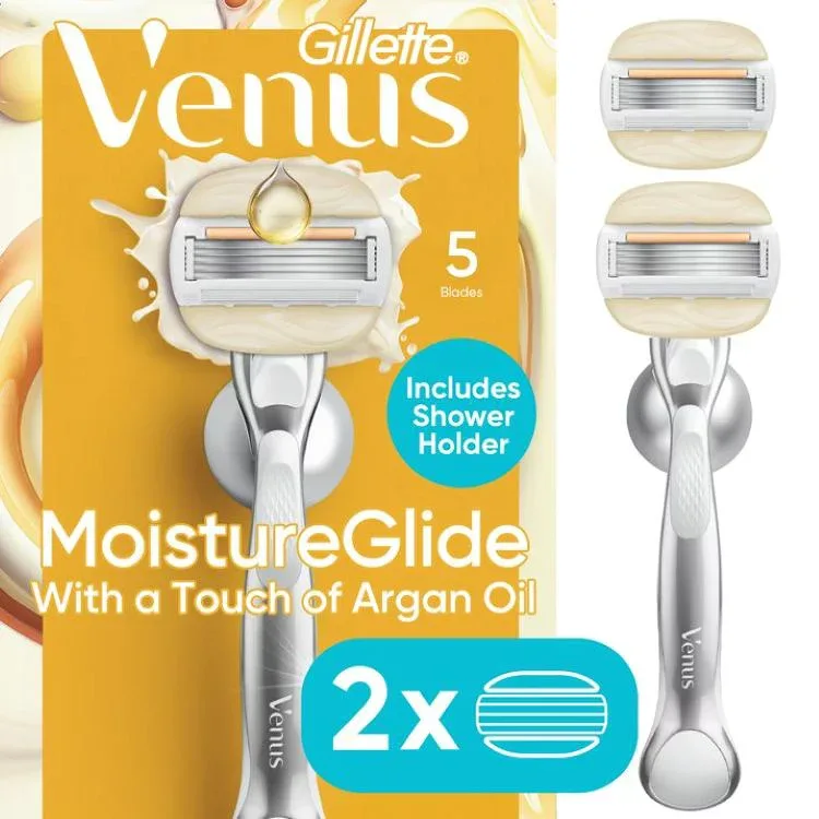 ジレット ヴィーナス モイスチャーグライド 女性用カミソリ ハンドル1本 替刃2個 シャワーホルダー付き Venus Moistureglide Women's Razor Handle, 2 Blade Refills + Shower Holder 【お取り寄せ商品】