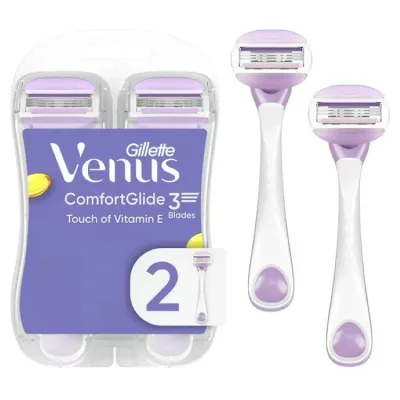 ジレットヴィーナス コンフォートグライド ビタミンE配合 3枚刃 使い捨てカミソリ 2本 Venus ComfortGlide Women's 3 Blade Disposable Razor, 2 Count, Purple 【お取り寄せ商品】