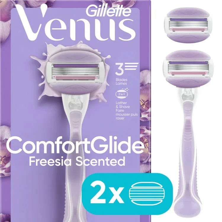 ジレット ヴィーナス コンフォートグライド フリージア 女性用カミソリ ホルダー+替刃2個 パープル Gillette Venus ComfortGlide Freesia Women's Razor Handle + 2 Blade Refills, Purple 【お取り寄せ商品】