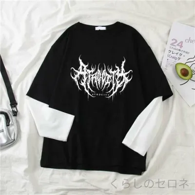 Tシャツ レディース 春夏 長袖 ゆったり フェイクツーピース 韓国風 ダークプリント ルーズフィット カジュアル トップス ブラック系