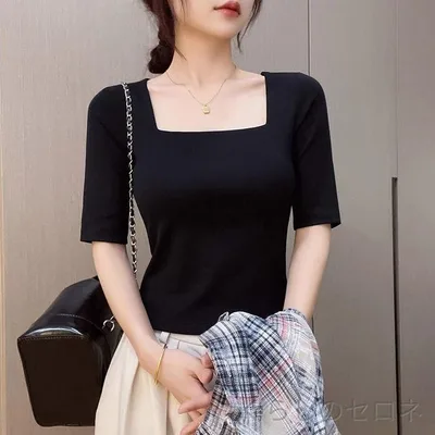 Tシャツ レディース 春夏 ブラック 半袖 方領 フレンチスタイル ストレートショルダー スリム インナー トップス デザイン 軽量 吸湿速乾