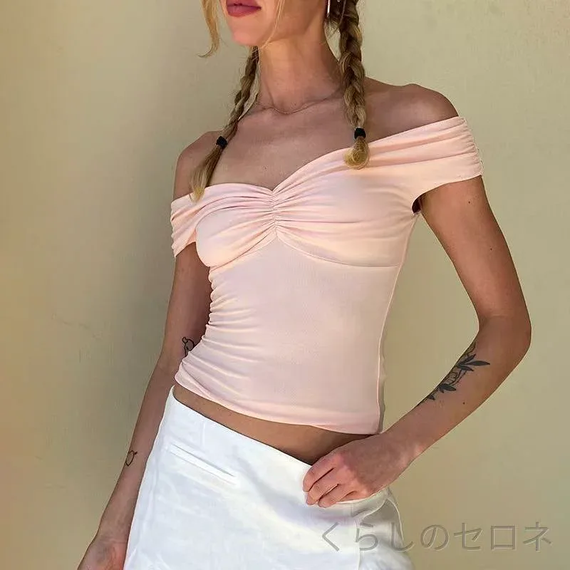 春夏 レディース オフショルダー ギャザー 胸元デザイン 肩出し キャミソール トップス セクシー かわいい 純欲 スタイル 軽量 吸湿速乾 再生繊維 ブラック ピンク系