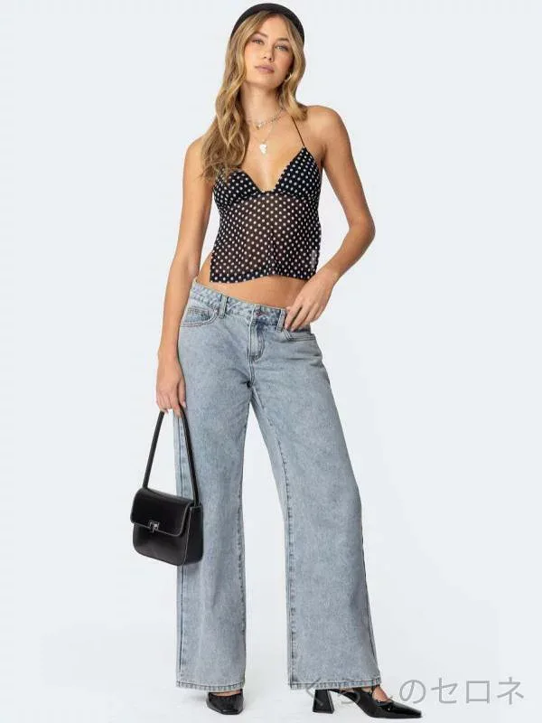 キャミソール レディース ポルカドット バックレス ハルターネック ストラップ スリムフィット セクシー トップス 修身 露背 吊帯 掛脖 辣妹 小背心 上衣