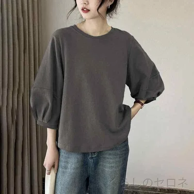 Tシャツ レディース 春夏 レトロ 灯籠袖 七分袖 カジュアル トップス ベーシック 日常使い 軽やか 吸湿速乾 綿素材 ブラック ピンク系