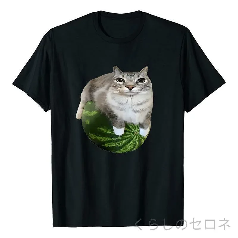 Tシャツ レディース スイカ猫プリント ゆったり カジュアル スポーツ 短袖 トップス 日常使い かわいい デザイン 半袖 ルーズフィット アクティブウェア ストリートファッション コットン調 軽量 通勤 通学 部屋着